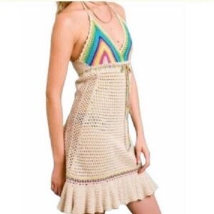Free People Rainbow Crochet Halter Dress Ruffle Hem Lined Summer Beachy